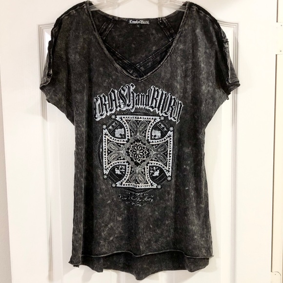 Crash & Burn Women’s Black S/S Graphic T-shirt with Rhinestone Studded Cross - M - Picture 15 of 17